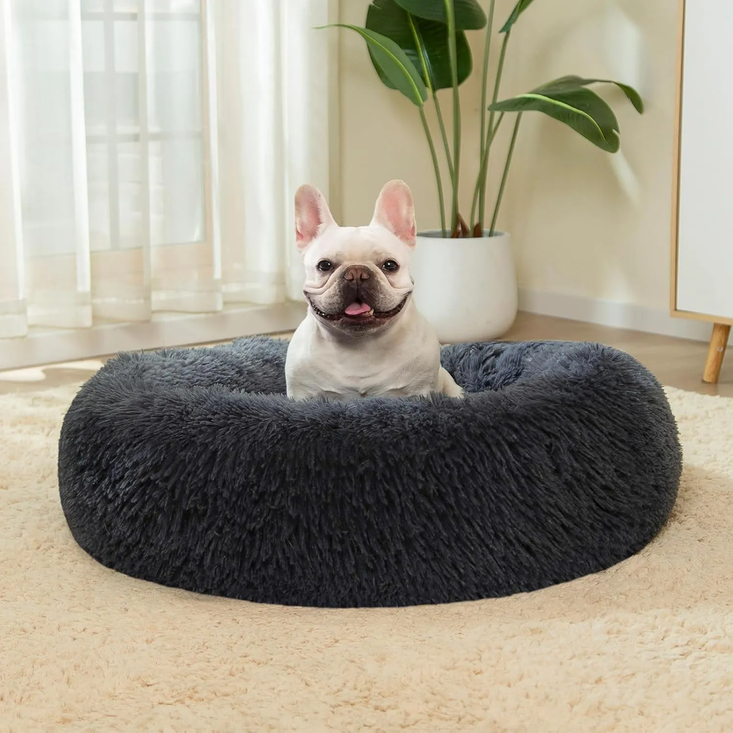 Calming Dog Bed for Medium Dogs, 30 inches Anti-Slip Round Fluffy Plush Faux Fur Medium Pet Bed, Donut Washable Cat Bed, Fits up to 45 lbs Pets, Deep Blue