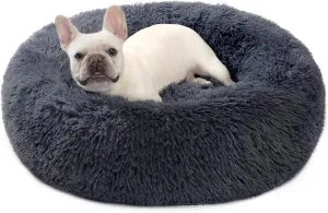 Calming Dog Bed for Medium Dogs, 30 inches Anti-Slip Round Fluffy Plush Faux Fur Medium Pet Bed, Donut Washable Cat Bed, Fits up to 45 lbs Pets, Deep Blue