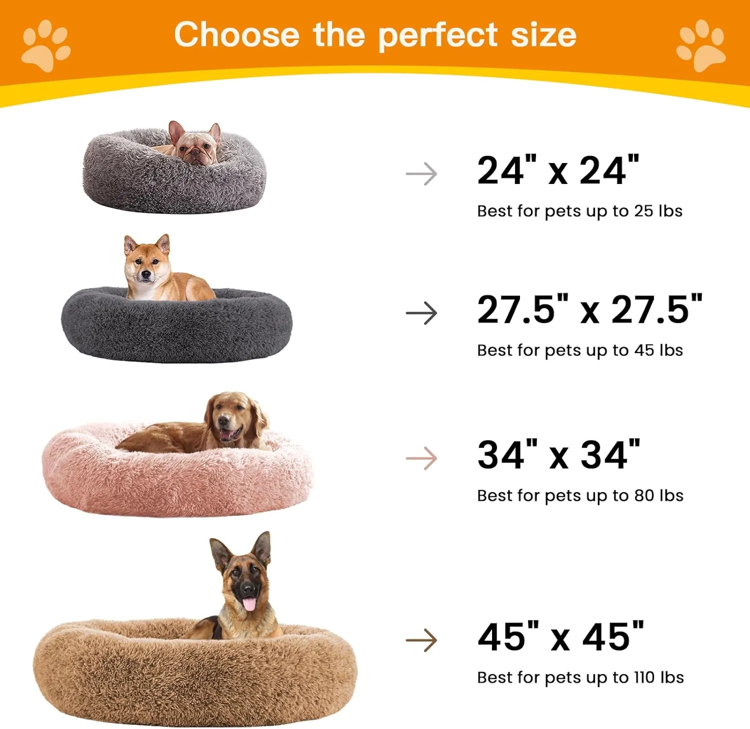 Calming Dog Beds for Large Dogs, Faux Fur Donut Cuddler Dog Bed, Round Fluffy Pillow, Washable Pet Bed for Dogs Up to 80Lbs, 34inch