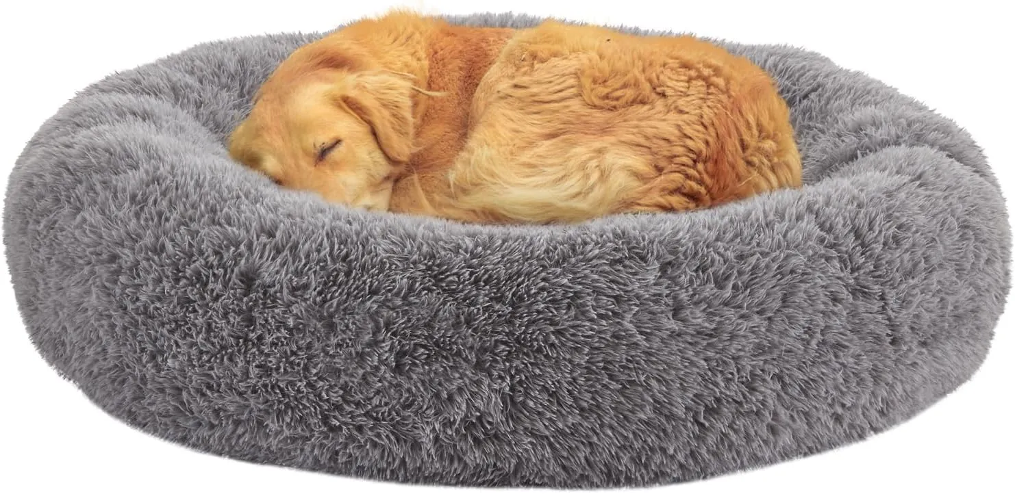 Calming Donut Dog Bed for Large Dogs Up to 80Lbs, Round Fluffy Plush Pet Bed, 34inch
