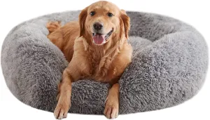 Calming Donut Dog Bed for Large Dogs Up to 80Lbs, Round Fluffy Plush Pet Bed, 34inch