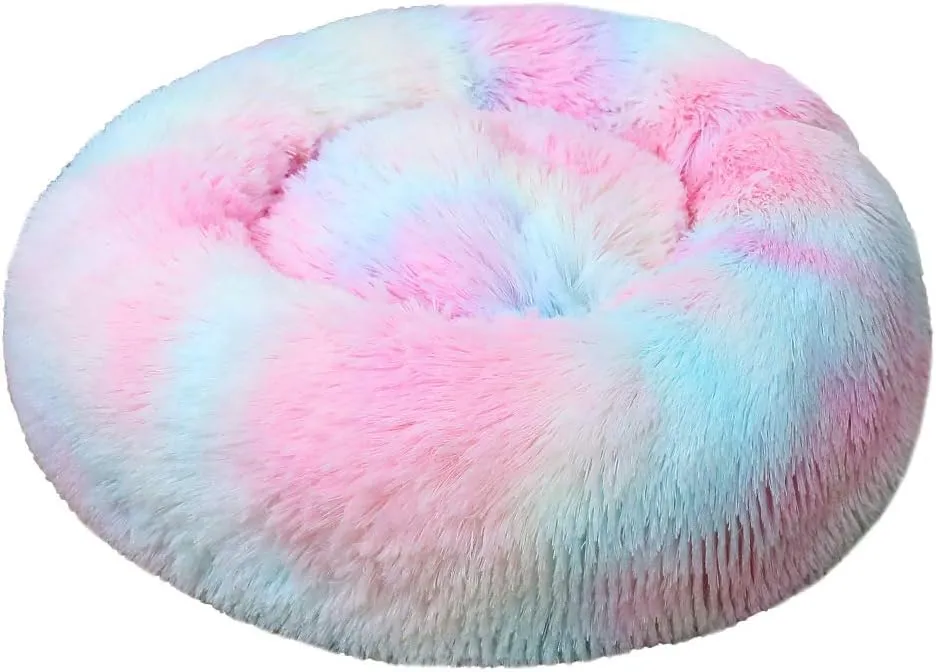 Calming Faux Fur Dog Beds Calming Donut Cuddler Dog Bed Washable Round Cat Bed Pillow Cuddler Fluffy Indoor Dog Calming Beds with Anti Slip Bottom Gradient Color Rainbow Color 2 23 Inch