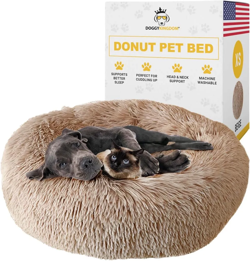 Calming Round Donut Dog Bed Pillow, Washable, Anti Anxiety, Anti-Slip, Cozy Soft Cuddler Comfort Bed with Fluffy Plush Faux Fur for Large Medium Small Sized Dog - Beige, XS 24 inch