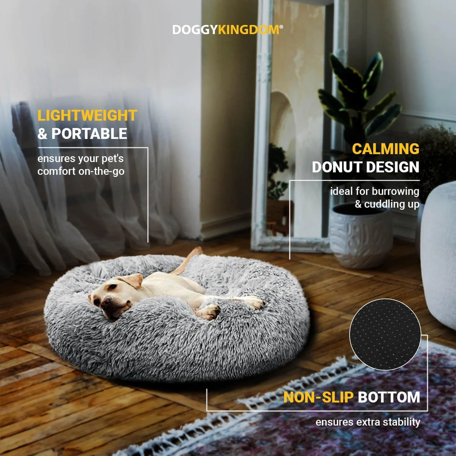 Calming Round Donut Dog Bed Pillow, Washable, Anti Anxiety, Anti-Slip, Cozy Soft Cuddler Comfort Bed with Fluffy Plush Faux Fur for Large Medium Small Sized Dog - Beige, XS 24 inch