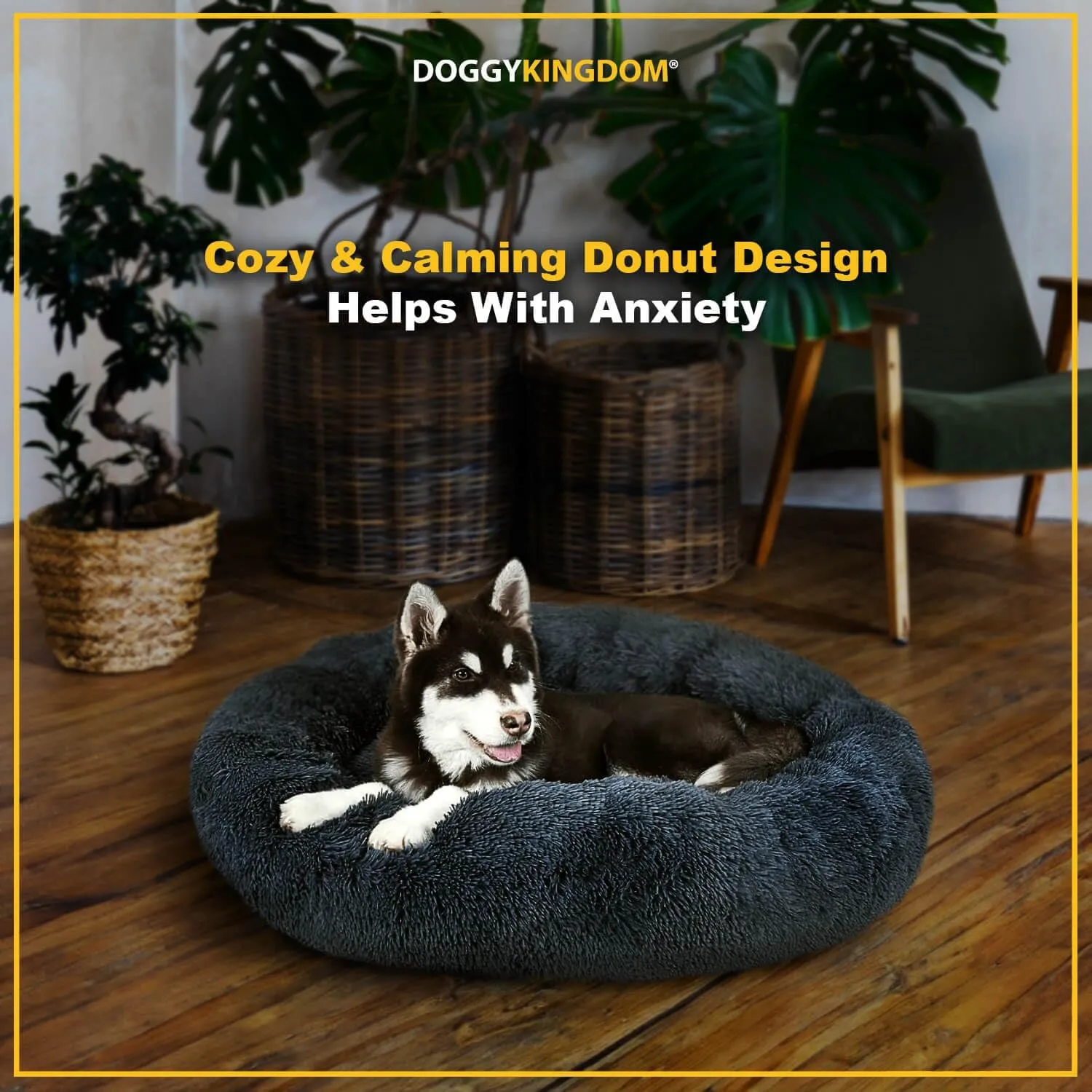 Calming Round Donut Dog Bed Pillow, Washable, Anti Anxiety, Anti-Slip, Cozy Soft Cuddler Comfort Bed with Fluffy Plush Faux Fur for Large Medium Small Sized Dog - Beige, XS 24 inch