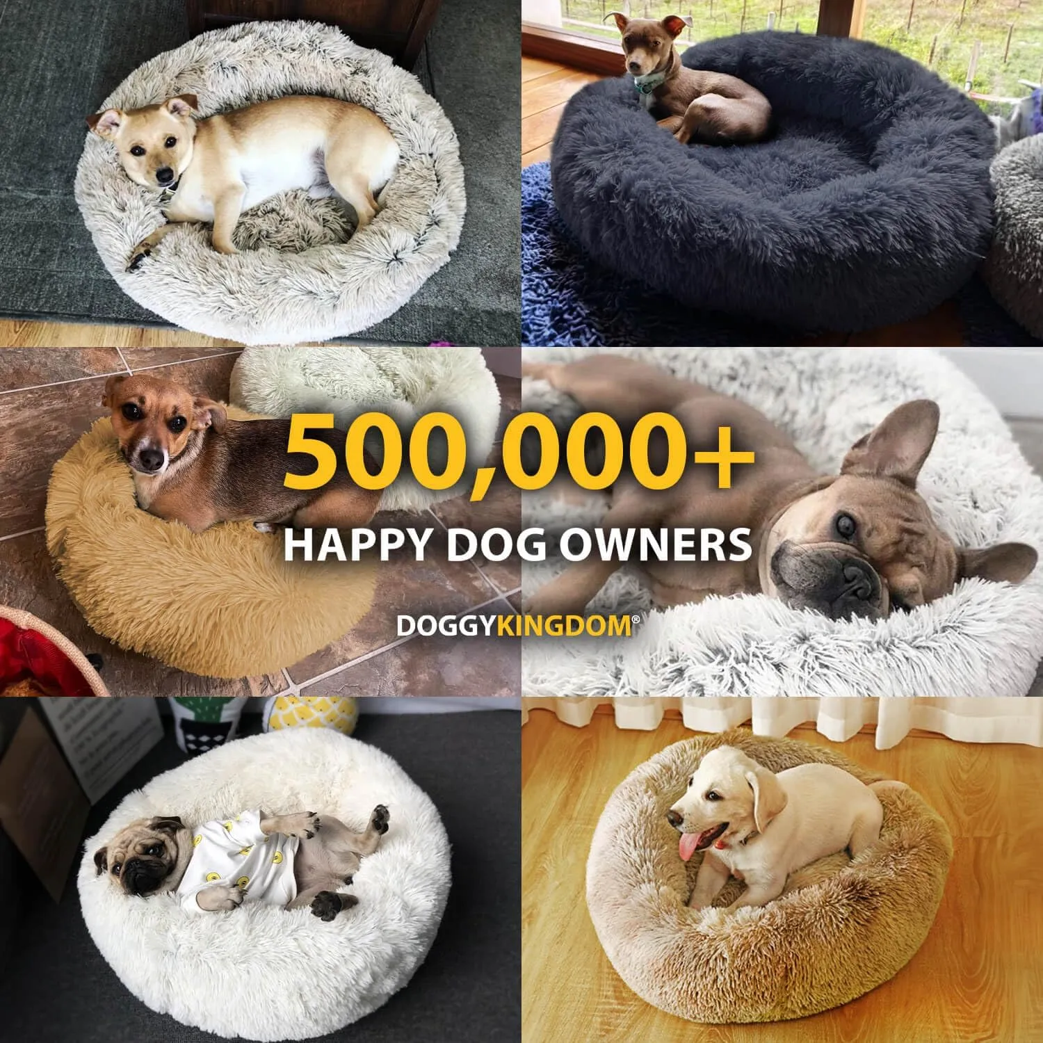 Calming Round Donut Dog Bed Pillow, Washable, Anti Anxiety, Anti-Slip, Cozy Soft Cuddler Comfort Bed with Fluffy Plush Faux Fur for Large Medium Small Sized Dog - Beige, XS 24 inch