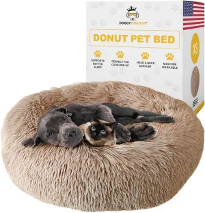 Calming Round Donut Dog Bed Pillow, Washable, Anti Anxiety, Anti-Slip, Cozy Soft Cuddler Comfort Bed with Fluffy Plush Faux Fur for Large Medium Small Sized Dog - Beige, XS 24 inch
