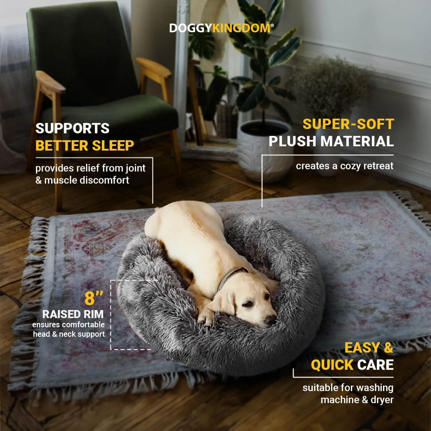 Calming Round Donut Dog Bed Pillow, Washable, Anti Anxiety, Anti-Slip, Cozy Soft Cuddler Comfort Bed with Fluffy Plush Faux Fur for Large Medium Small Sized Dog - Beige, XS 24 inch