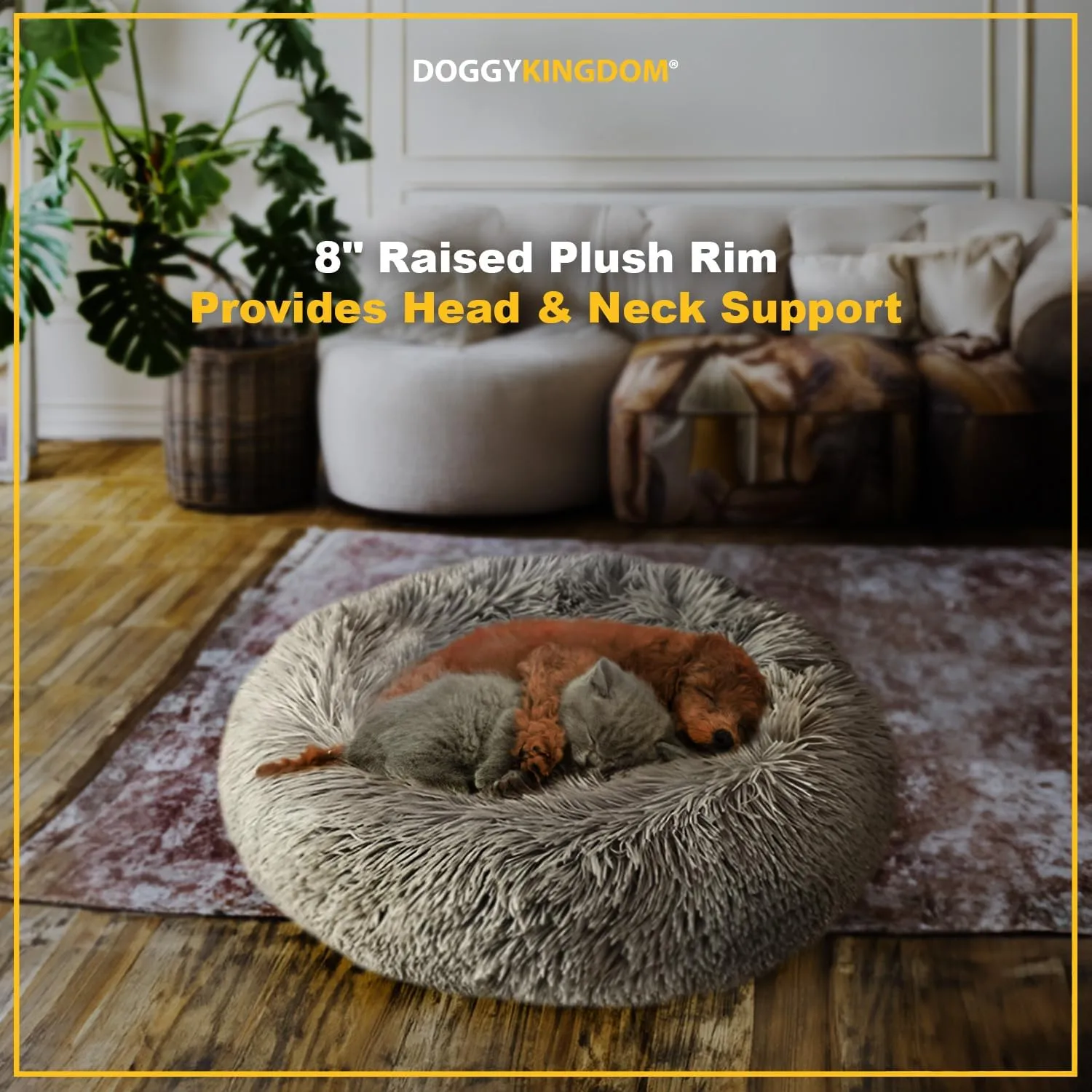 Calming Round Donut Dog Bed Pillow, Washable, Anti Anxiety, Anti-Slip, Cozy Soft Cuddler Comfort Bed with Fluffy Plush Faux Fur for Large Medium Small Sized Dog - Beige, XS 24 inch
