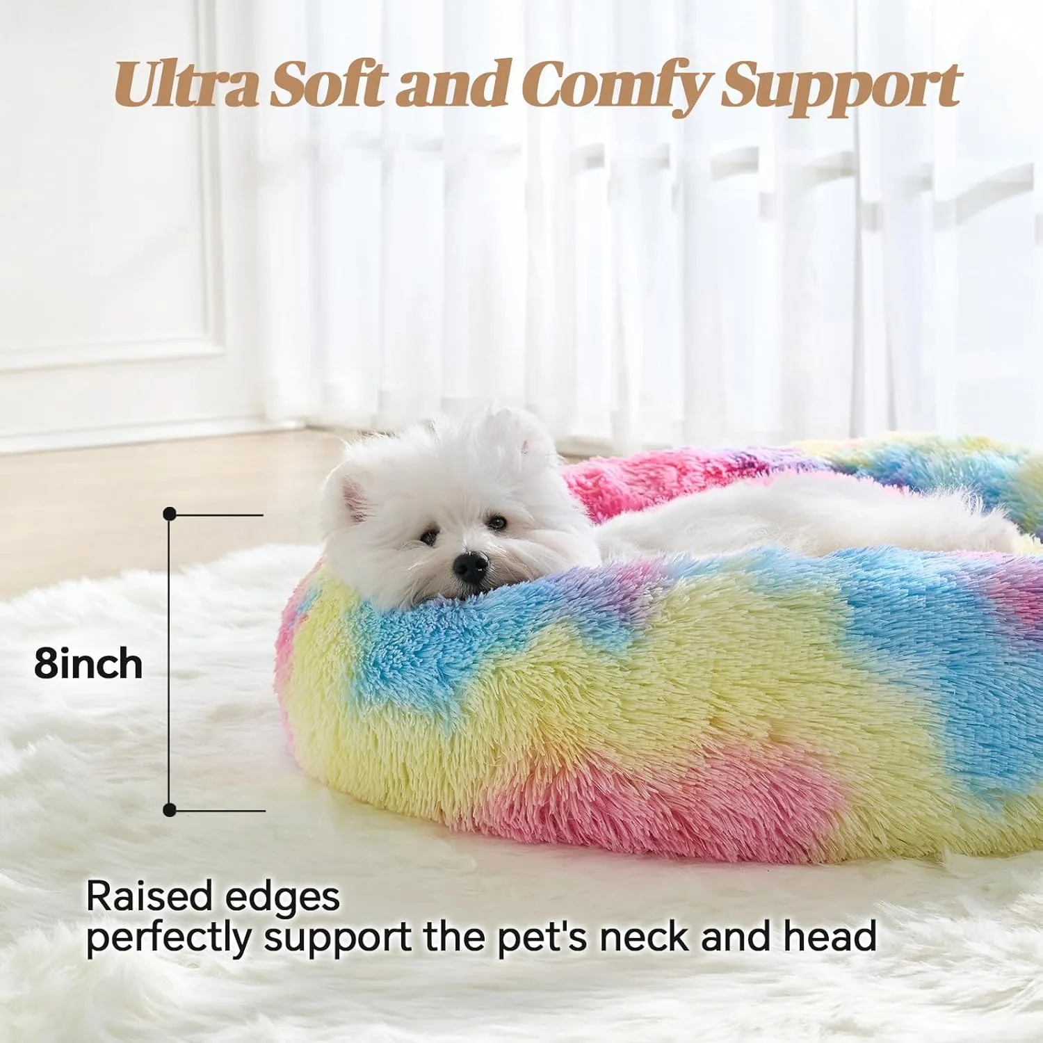Calming Small Dog Bed, Donut Fluffy Anti-Anxiety Round Washable Cute Bed, Plush Cozy Cuddler Warming Soft Comfort Pet Bed for Small Medium Dogs Cats,28inch, Rainbow