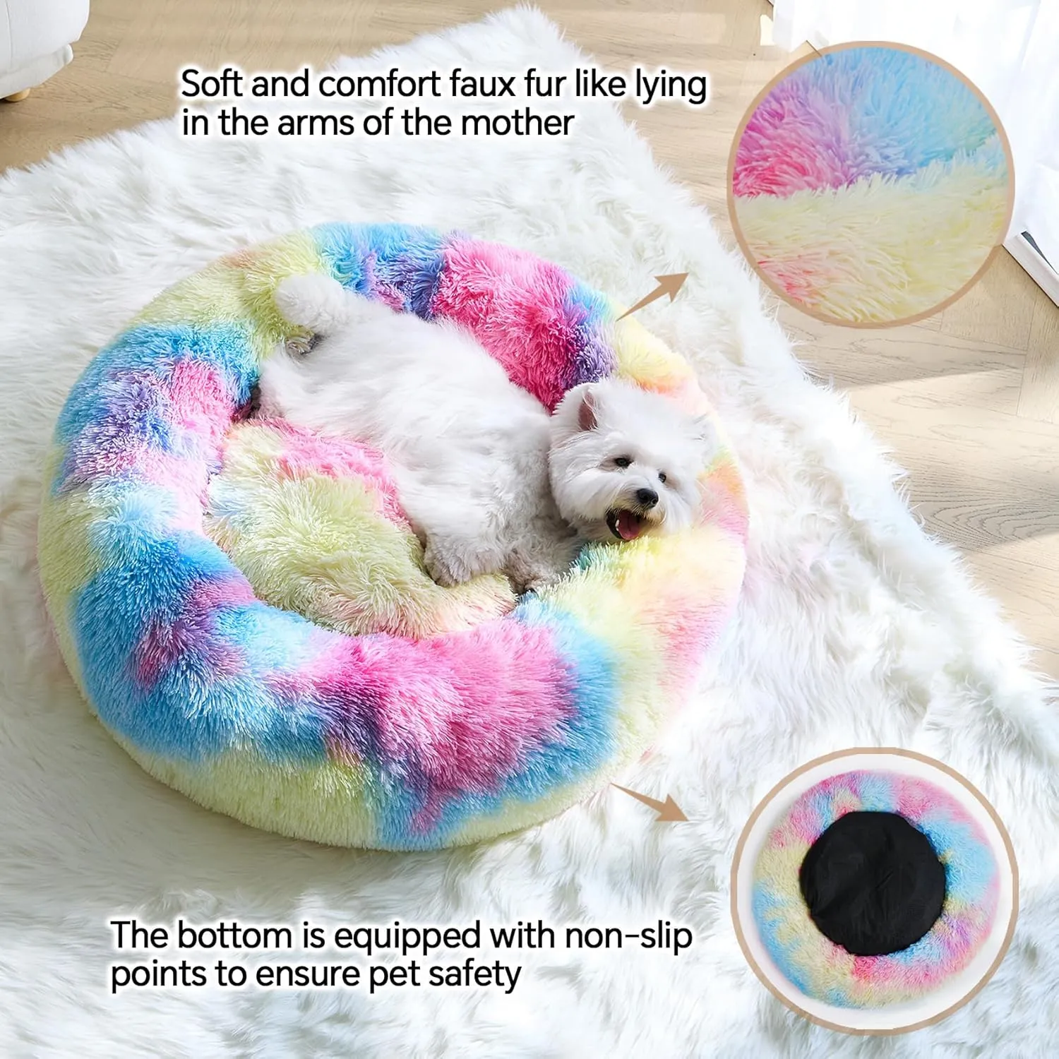 Calming Small Dog Bed, Donut Fluffy Anti-Anxiety Round Washable Cute Bed, Plush Cozy Cuddler Warming Soft Comfort Pet Bed for Small Medium Dogs Cats,28inch, Rainbow