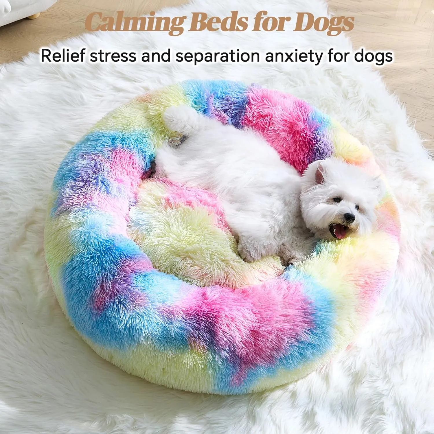 Calming Small Dog Bed, Donut Fluffy Anti-Anxiety Round Washable Cute Bed, Plush Cozy Cuddler Warming Soft Comfort Pet Bed for Small Medium Dogs Cats,28inch, Rainbow