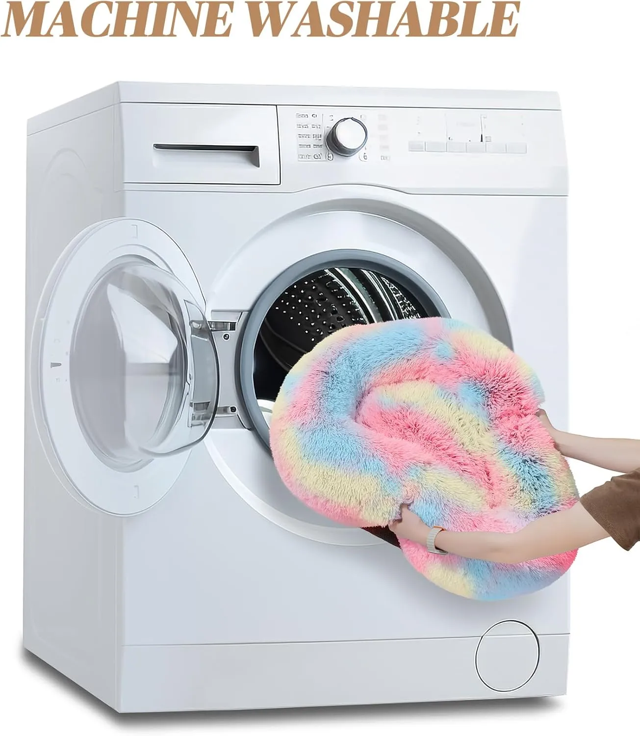 Calming Small Dog Bed, Donut Fluffy Anti-Anxiety Round Washable Cute Bed, Plush Cozy Cuddler Warming Soft Comfort Pet Bed for Small Medium Dogs Cats,28inch, Rainbow