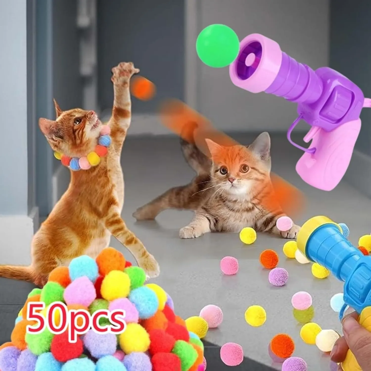 Cat Ball Launcher Toy - 50PCS 1.2Inch Pompom Balls and 2 Launchers, Soft Interactive Balls, Active Exercise Toys for Indoor Cats - Multi-Colored