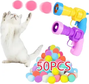 Cat Ball Launcher Toy - 50PCS 1.2Inch Pompom Balls and 2 Launchers, Soft Interactive Balls, Active Exercise Toys for Indoor Cats - Multi-Colored