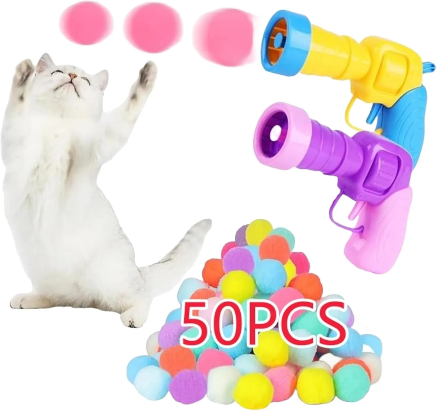 Cat Ball Launcher Toy - 50PCS 1.2Inch Pompom Balls and 2 Launchers, Soft Interactive Balls, Active Exercise Toys for Indoor Cats - Multi-Colored