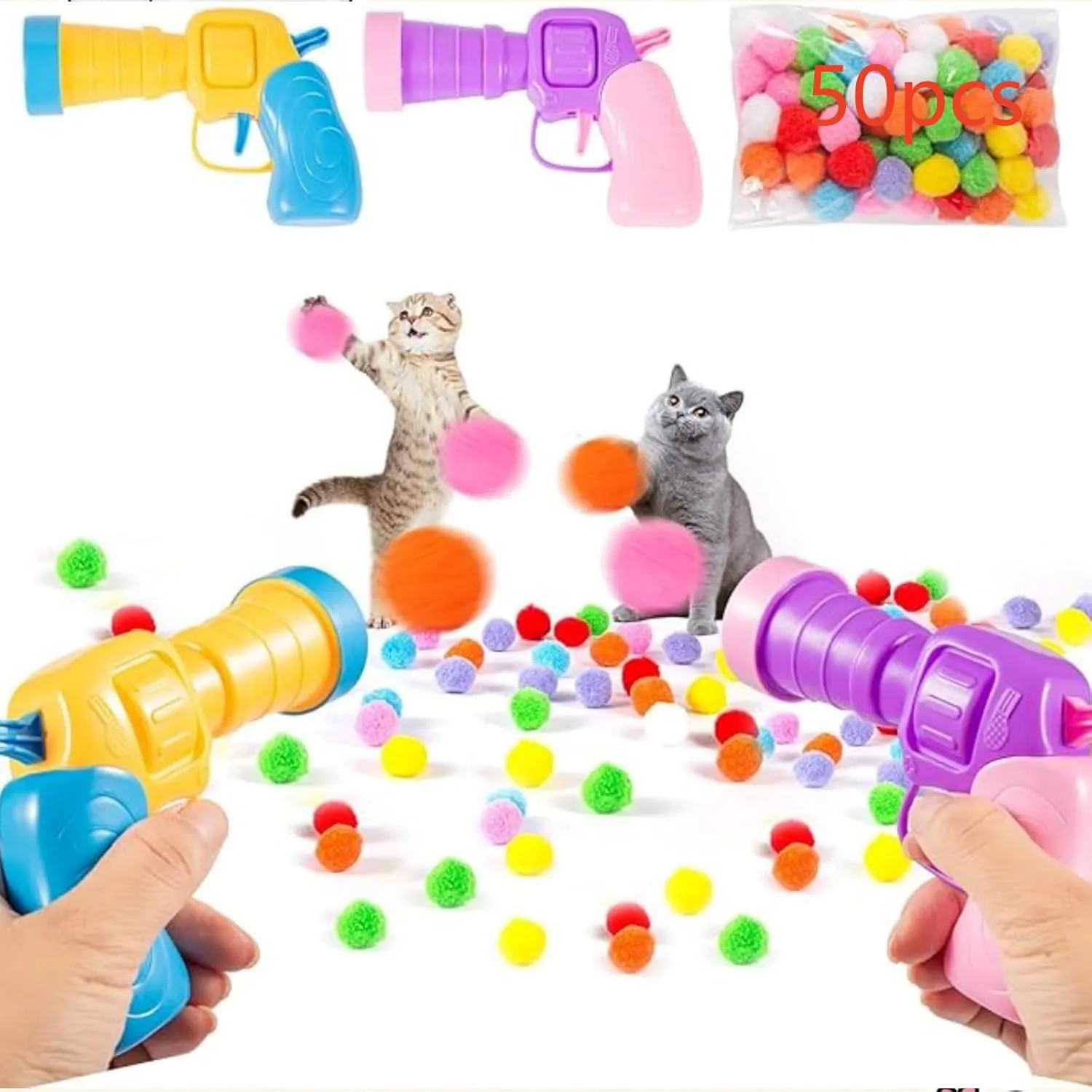 Cat Ball Launcher Toy - 50PCS 1.2Inch Pompom Balls and 2 Launchers, Soft Interactive Balls, Active Exercise Toys for Indoor Cats - Multi-Colored