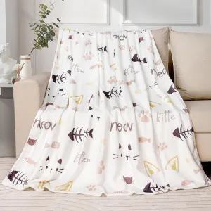 Cat Blanket Cute Pet Kitten Print Blankets Cats Lovers Throw Blanket Cat with Fish Plush Throws Blanket Ultra Soft Flannel Fleece Throw Blanket for Couch Sofa Bed 50 X 60 inch
