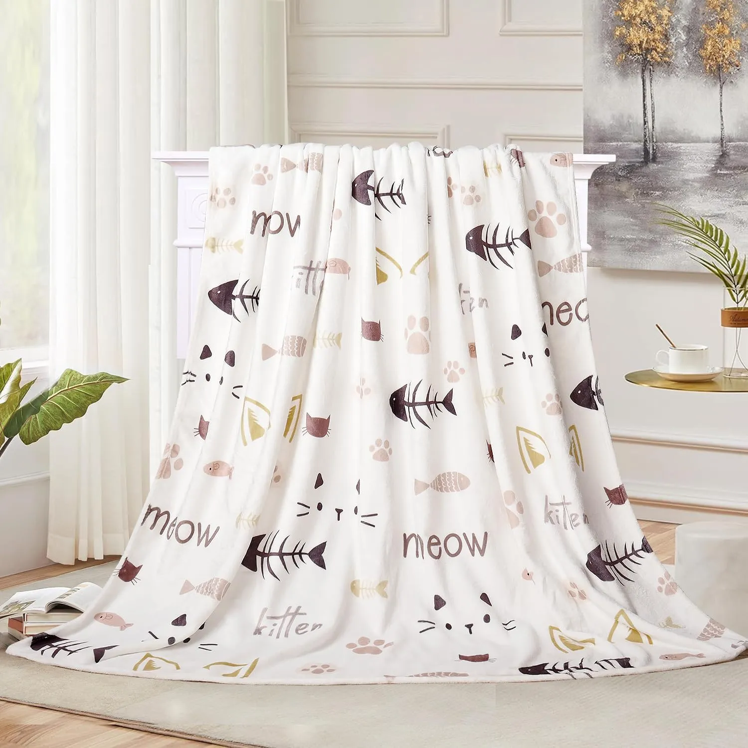 Cat Blanket Cute Pet Kitten Print Blankets Cats Lovers Throw Blanket Cat with Fish Plush Throws Blanket Ultra Soft Flannel Fleece Throw Blanket for Couch Sofa Bed 50 X 60 inch