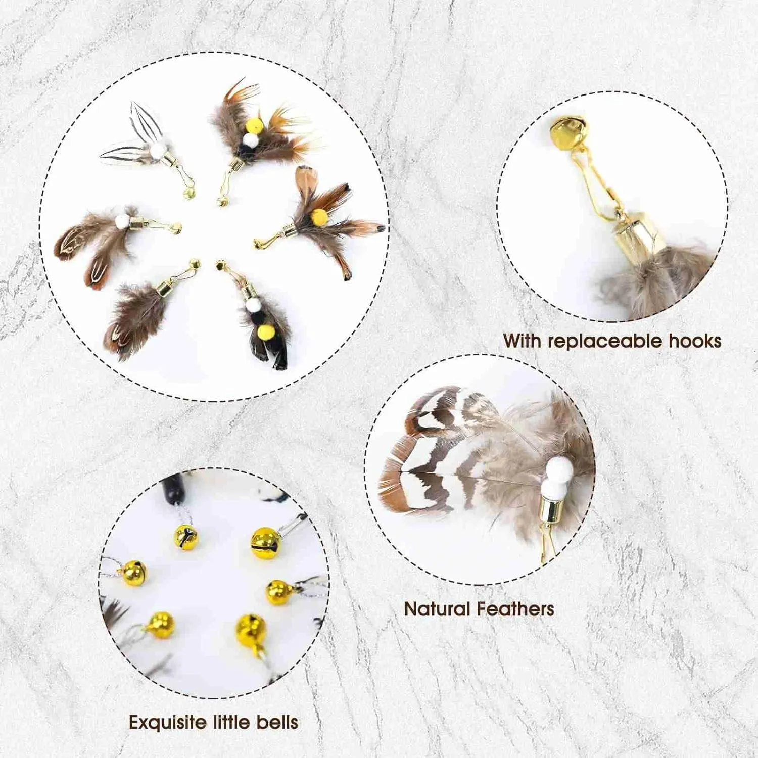Cat Insect Feather Toys - Cat Wand and 6 Natural Insect Feathers Refill, Interactive Teaser with Bell
