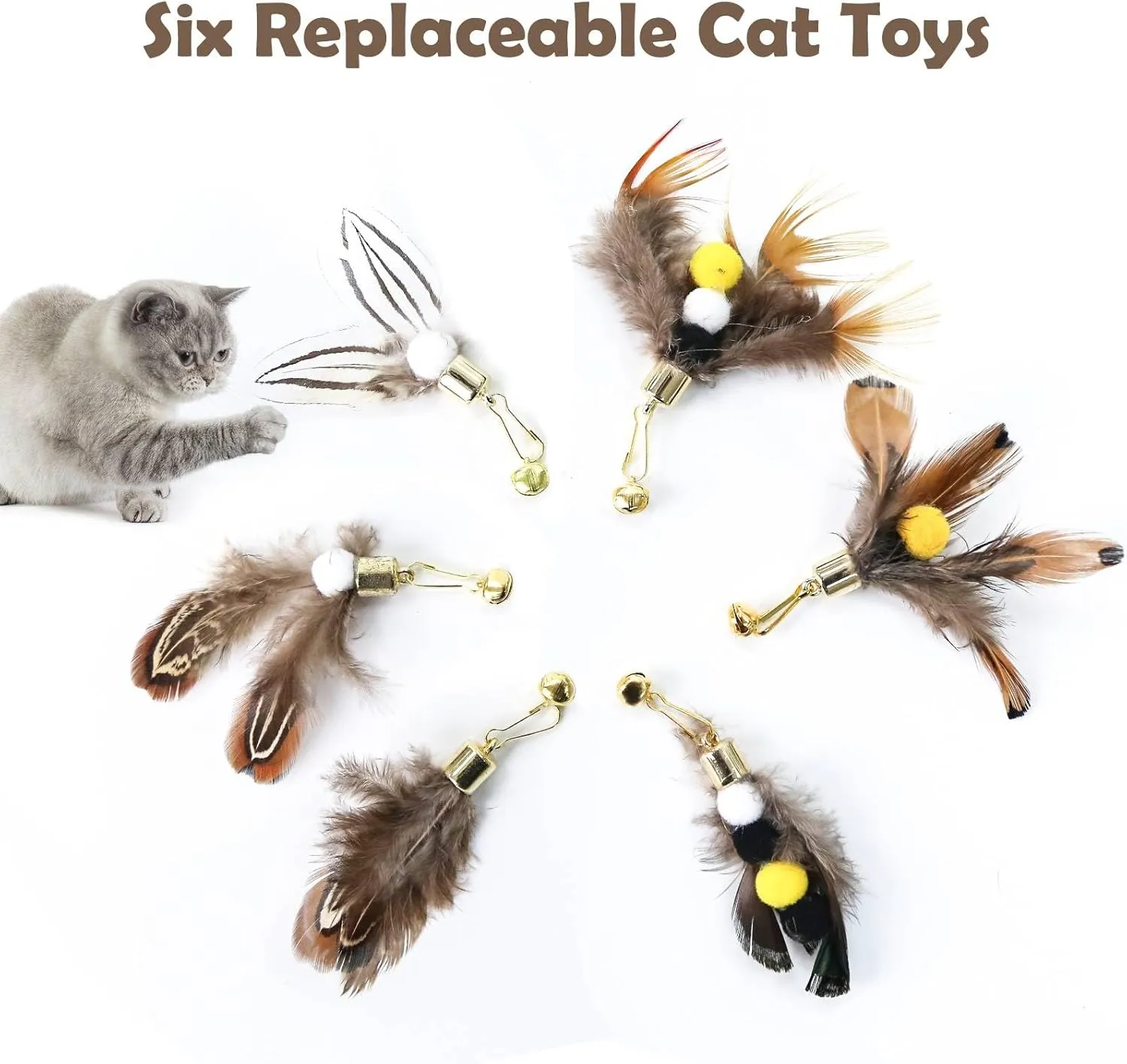 Cat Insect Feather Toys - Cat Wand and 6 Natural Insect Feathers Refill, Interactive Teaser with Bell