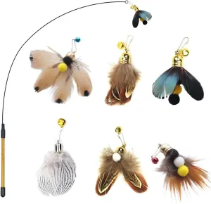Cat Insect Feather Toys - Cat Wand and 6 Natural Insect Feathers Refill, Interactive Teaser with Bell