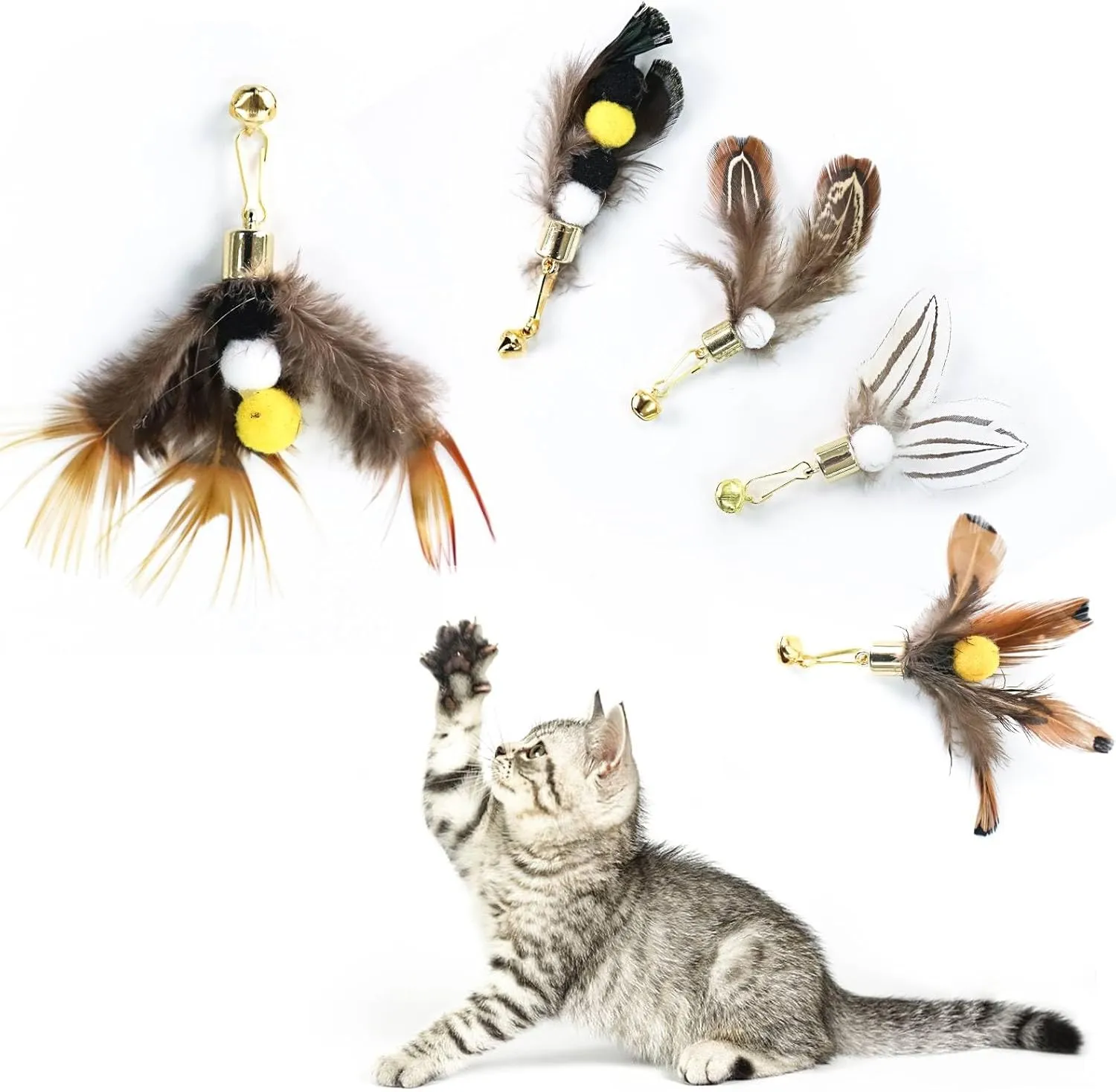 Cat Insect Feather Toys - Cat Wand and 6 Natural Insect Feathers Refill, Interactive Teaser with Bell