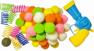 Cat Toys 60pcs Set,Cat Springs,Pompom Balls and Gun Launcher Toys,Sport,Chase,Catch,Interactive and Indoor Toys