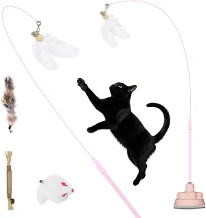 Cat Toys3 in 1 Dual Mode Interactive Feather Toy - Self-PlayEnhanced Suction Cup Kitten Wand ToySuctions to GroundToys for Bored Indoor Adult Cats (Pink)