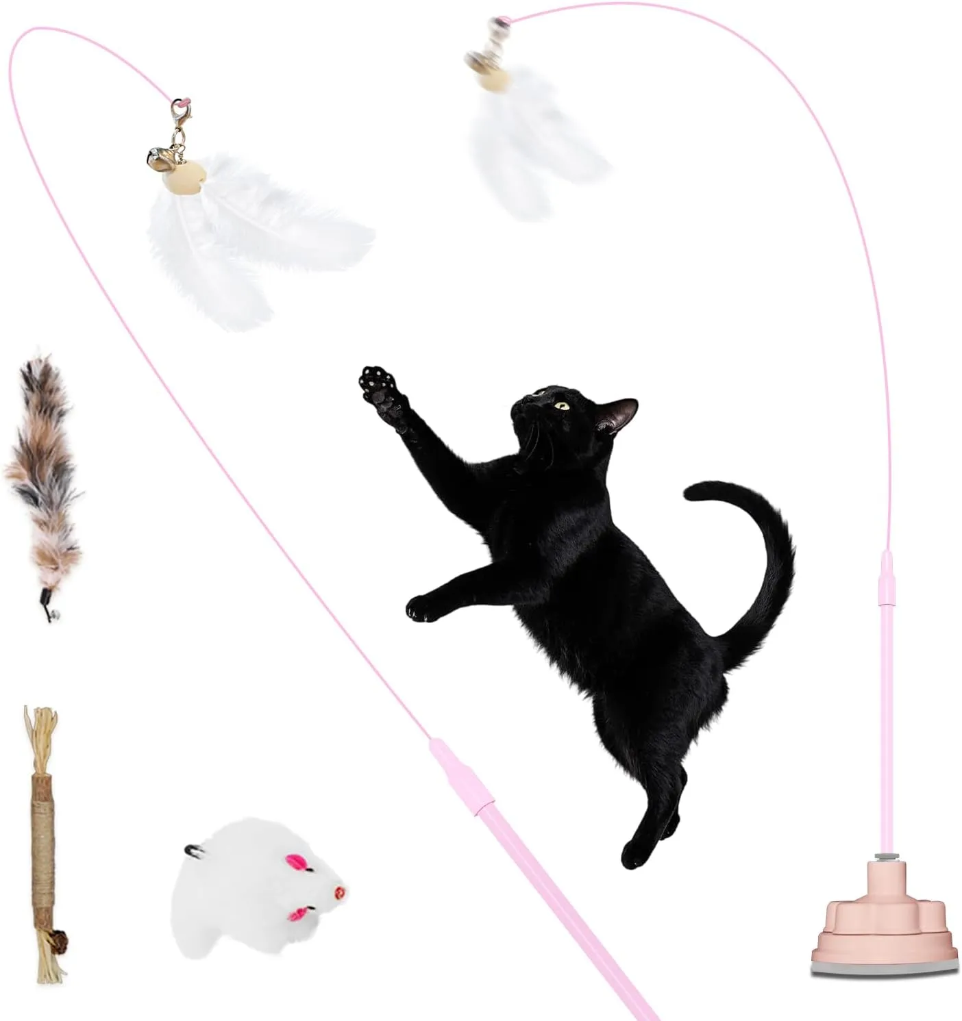 Cat Toys3 in 1 Dual Mode Interactive Feather Toy - Self-PlayEnhanced Suction Cup Kitten Wand ToySuctions to GroundToys for Bored Indoor Adult Cats (Pink)