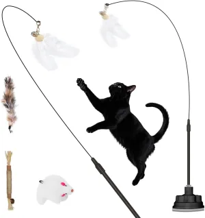 Cat Toys3 in 1 Dual Mode Interactive Feather Toy - Self-PlayEnhanced Suction Cup Kitten Wand ToySuctions to GroundToys for Bored Indoor Adult CatsBlack