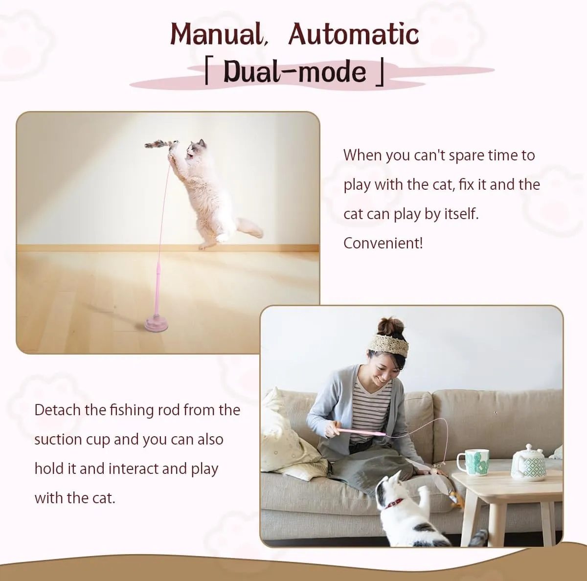 Cat Toys3 in 1 Dual Mode Interactive Feather Toy - Self-PlayEnhanced Suction Cup Kitten Wand ToySuctions to GroundToys for Bored Indoor Adult CatsBlack