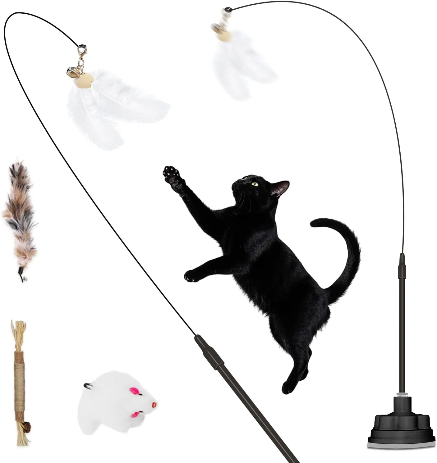 Cat Toys3 in 1 Dual Mode Interactive Feather Toy - Self-PlayEnhanced Suction Cup Kitten Wand ToySuctions to GroundToys for Bored Indoor Adult CatsBlack