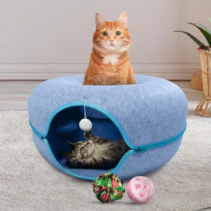 Cat Tunnel Bed for Indoor Cats Large, 24" Peekaboo Cat Cave Donut Bed for Pets up to 45lbs, 2-in-1 Round Tube with Hanging Ball Toy & Removable Machine Washable Parts (Light Blue)