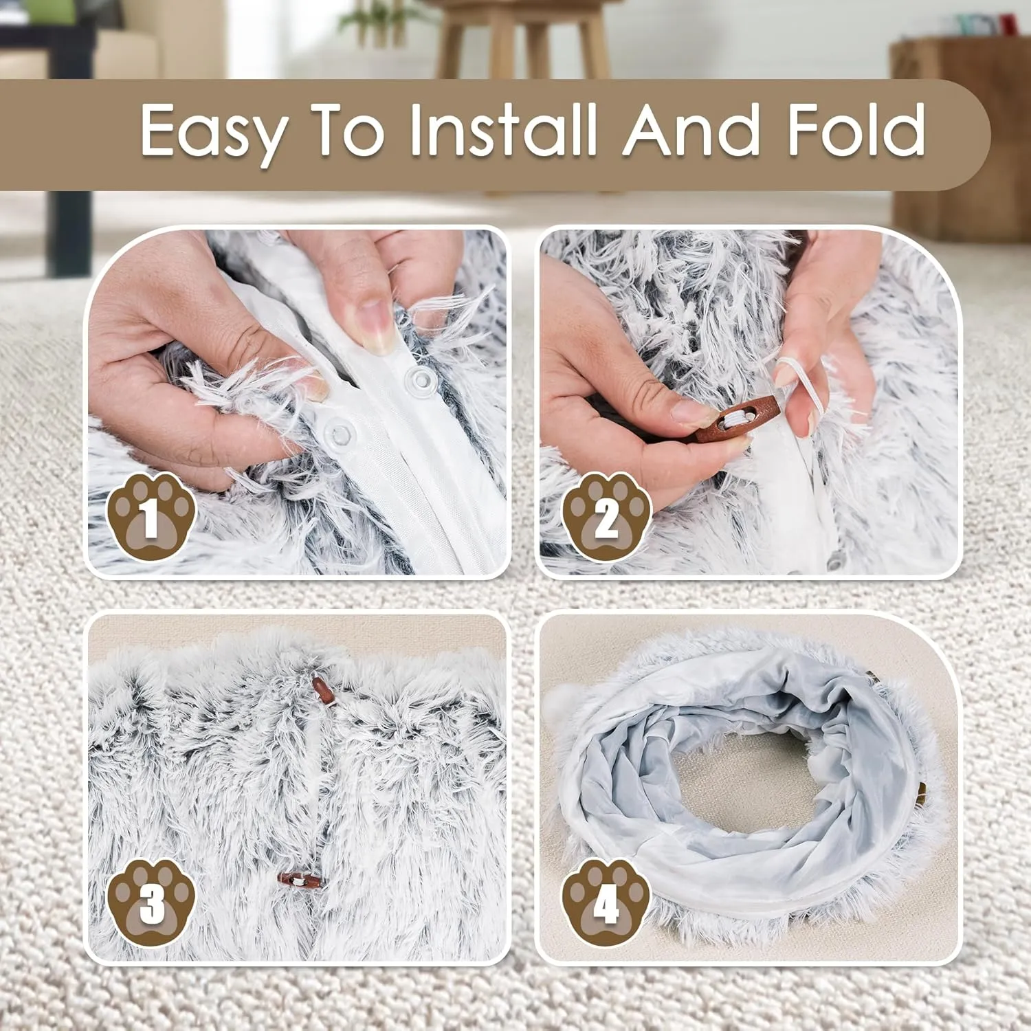 Cat Tunnel Bed for Indoor Cats, Peekaboo Cat Cave with Washable Soft Play Mat, Furry Cat Tube, for Kitten/Puppy/Rabbit, Grey