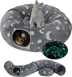 Cat Tunnel Bed for Indoor Cats with Washable Cushion Cat Cave Donut Tunnel with Fluffy Ball Big Round Tube Pet Playground Toys Soft Plush Peekaboo for Kitten, Cat, Puppy, Rabbit, FerretMoon Star