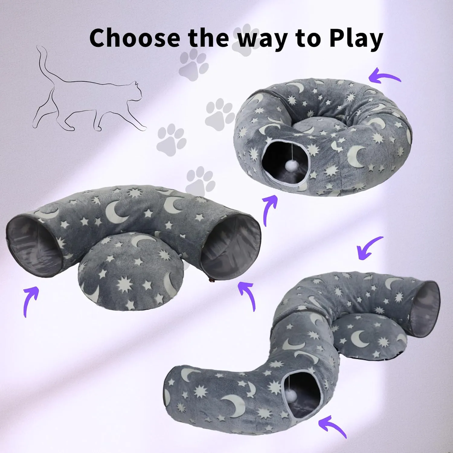 Cat Tunnel Bed for Indoor Cats with Washable Cushion Cat Cave Donut Tunnel with Fluffy Ball Big Round Tube Pet Playground Toys Soft Plush Peekaboo for Kitten, Cat, Puppy, Rabbit, FerretMoon Star