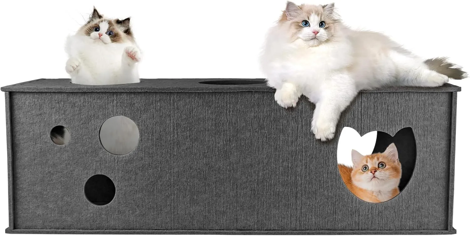 Cat Tunnel for Indoor Cats, DIY Transformable Cat Hideaway Cave, Felt Kitten Play Tubes and Tunnels, Felt Peekaboo Cat Toy with Interactive Peek Holes (Grey, Straight Tunnel)
