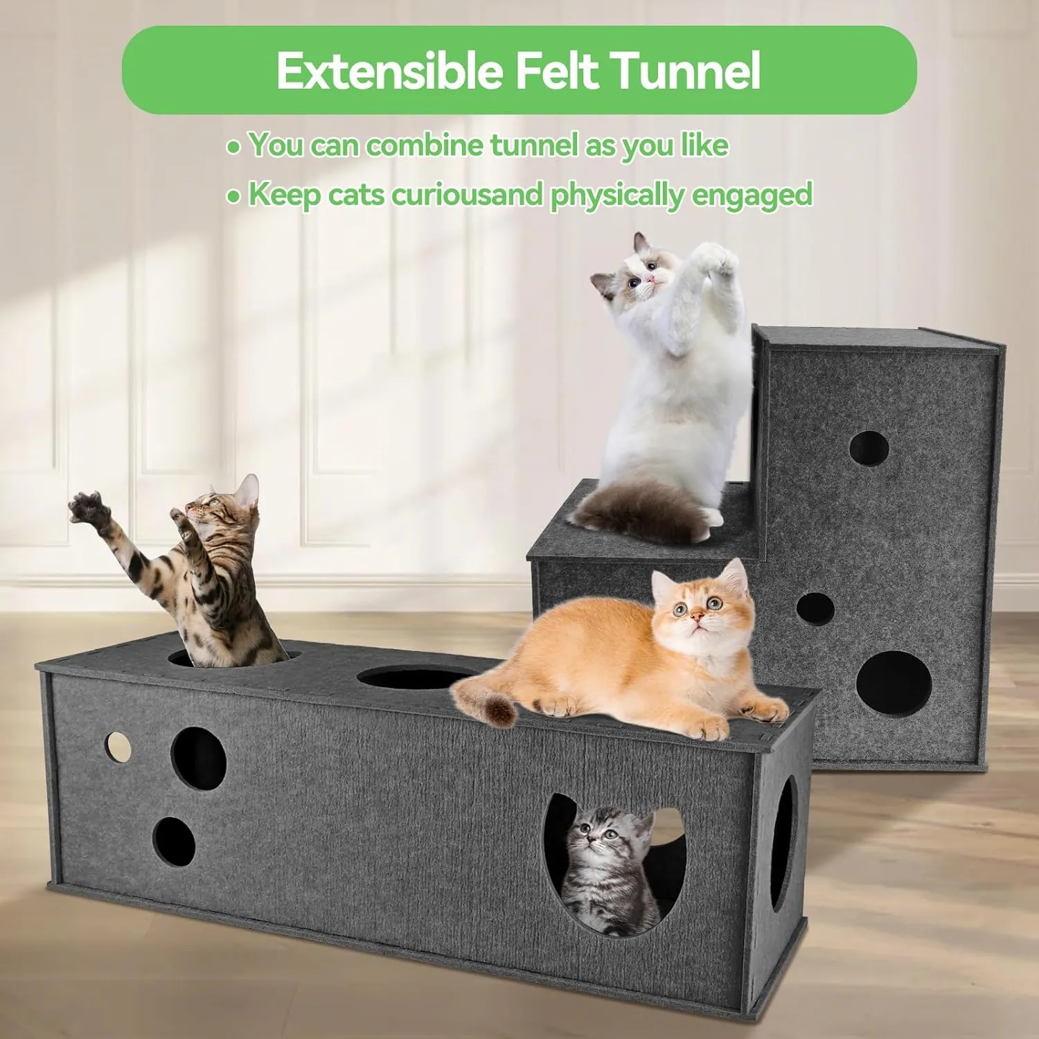 Cat Tunnel for Indoor Cats, DIY Transformable Cat Hideaway Cave, Felt Kitten Play Tubes and Tunnels, Felt Peekaboo Cat Toy with Interactive Peek Holes (Grey, Straight Tunnel)