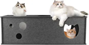 Cat Tunnel for Indoor Cats, DIY Transformable Cat Hideaway Cave, Felt Kitten Play Tubes and Tunnels, Felt Peekaboo Cat Toy with Interactive Peek Holes (Grey, Straight Tunnel)