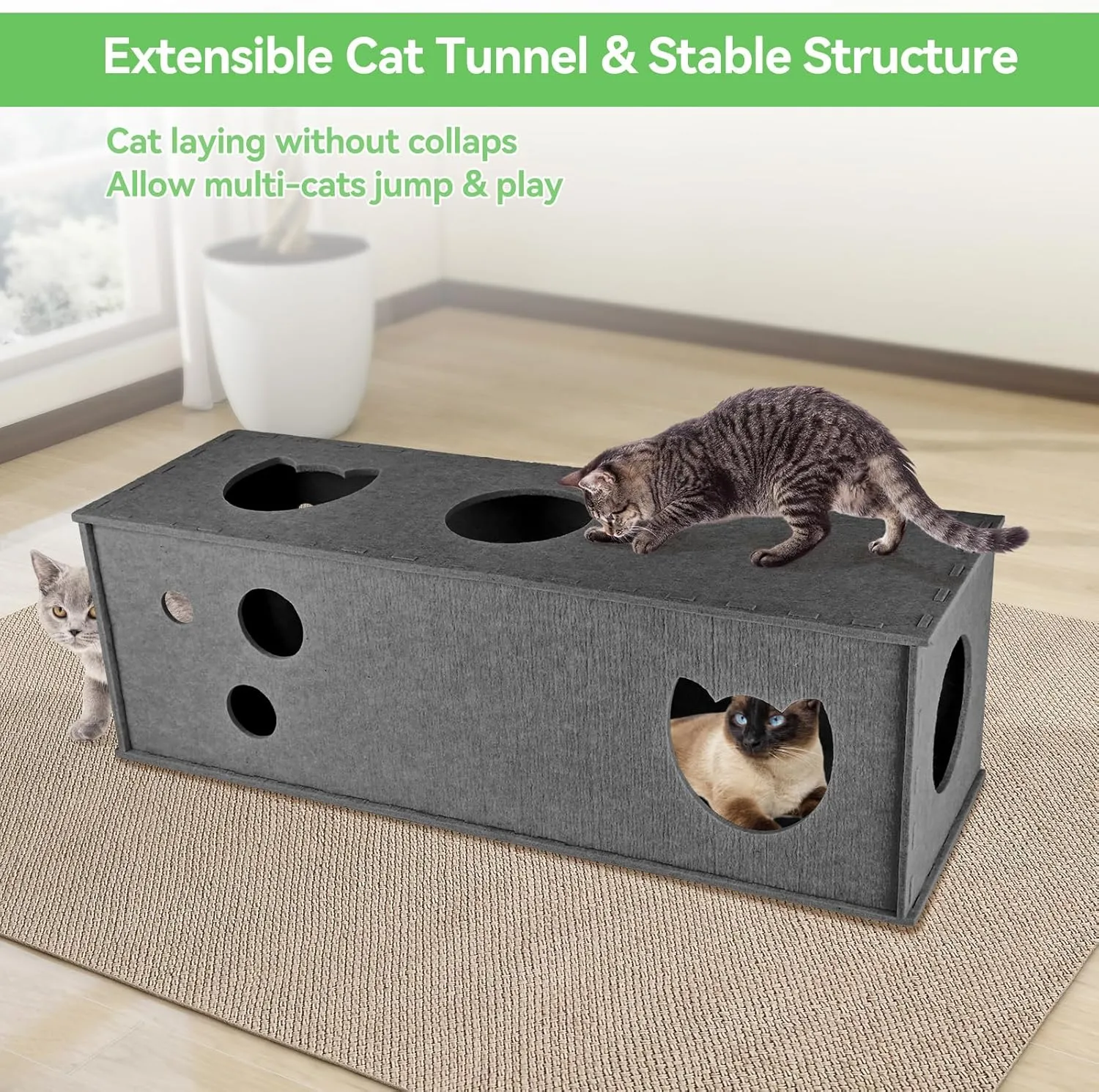 Cat Tunnel for Indoor Cats, DIY Transformable Cat Hideaway Cave, Felt Kitten Play Tubes and Tunnels, Felt Peekaboo Cat Toy with Interactive Peek Holes (Grey, Straight Tunnel)
