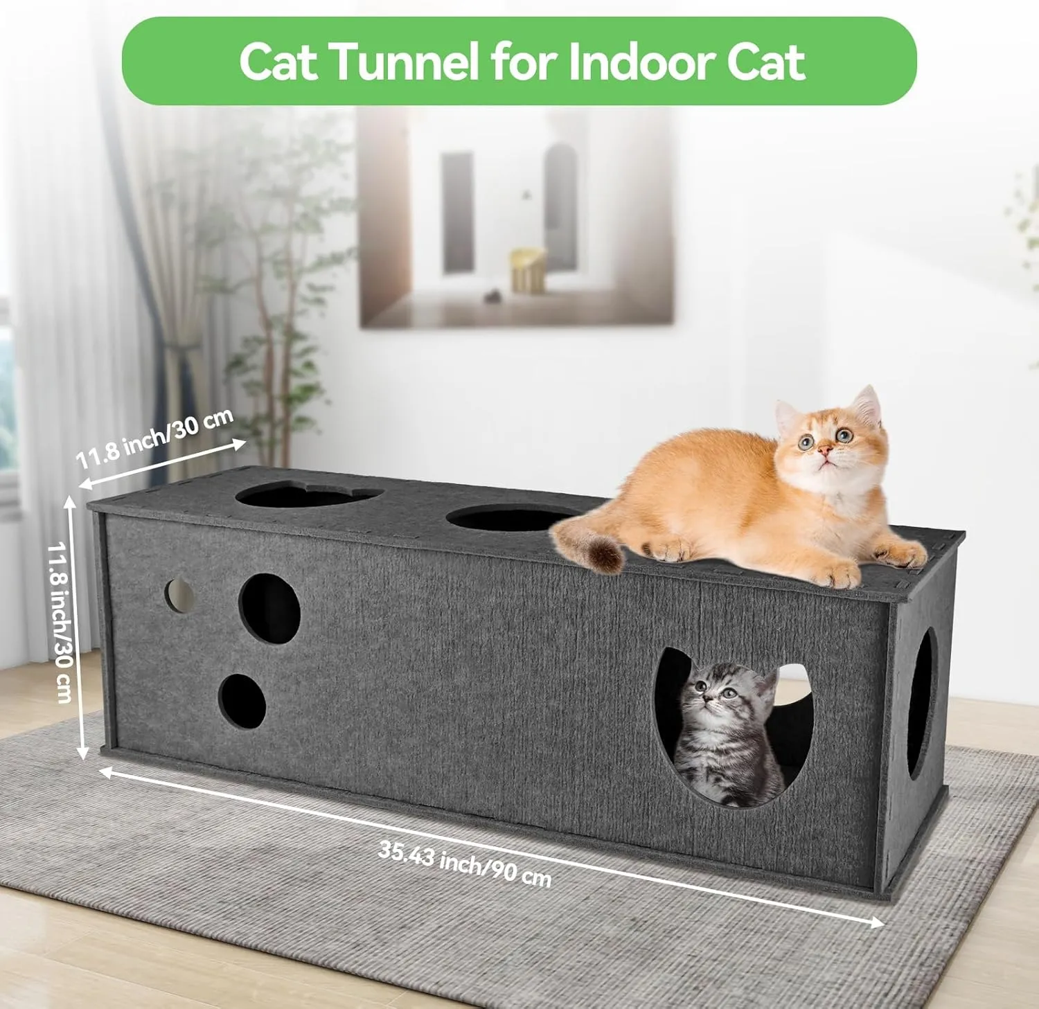 Cat Tunnel for Indoor Cats, DIY Transformable Cat Hideaway Cave, Felt Kitten Play Tubes and Tunnels, Felt Peekaboo Cat Toy with Interactive Peek Holes (Grey, Straight Tunnel)