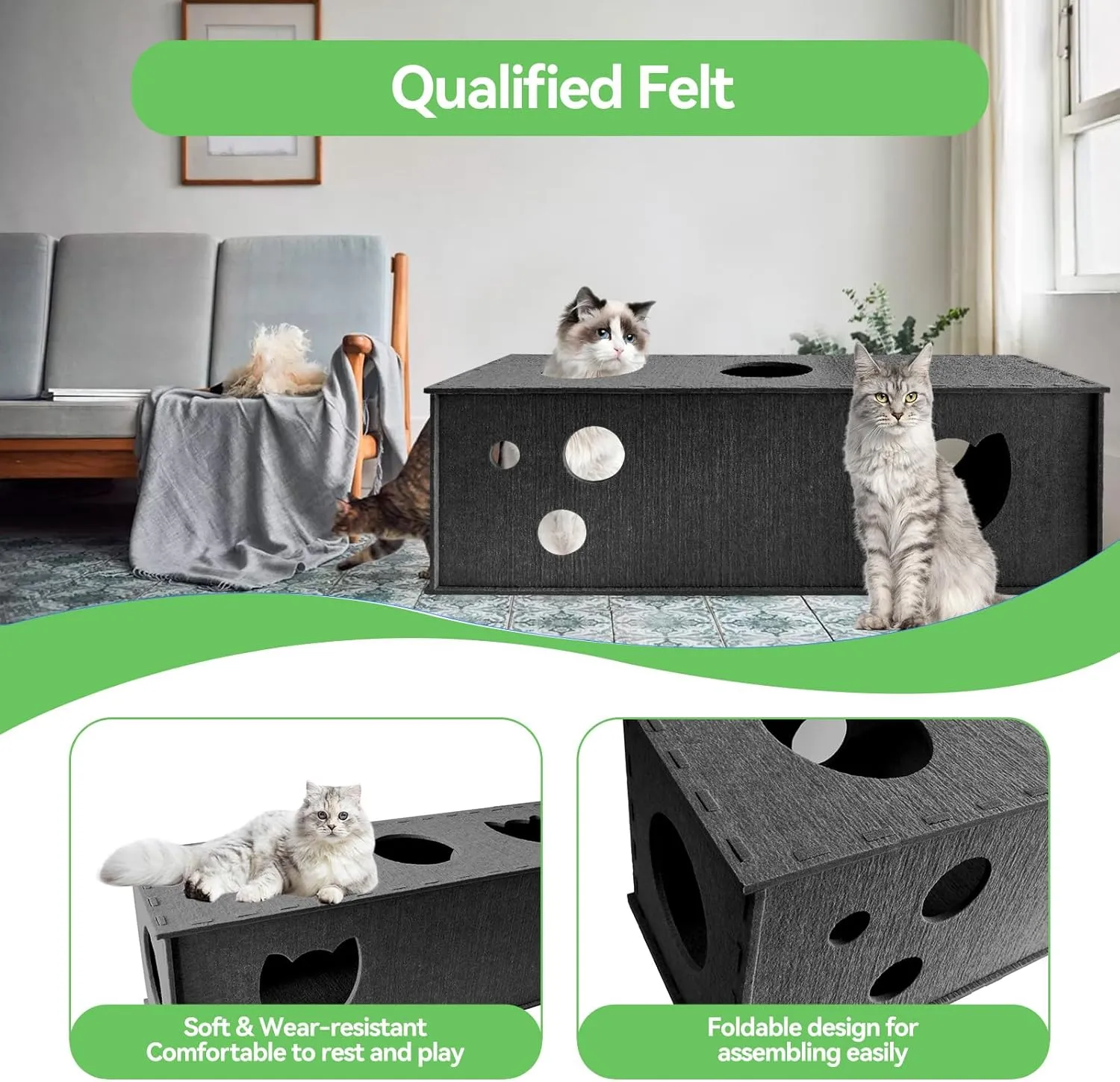 Cat Tunnel for Indoor Cats, DIY Transformable Cat Hideaway Cave, Felt Kitten Play Tubes and Tunnels, Felt Peekaboo Cat Toy with Interactive Peek Holes (Grey, Straight Tunnel)