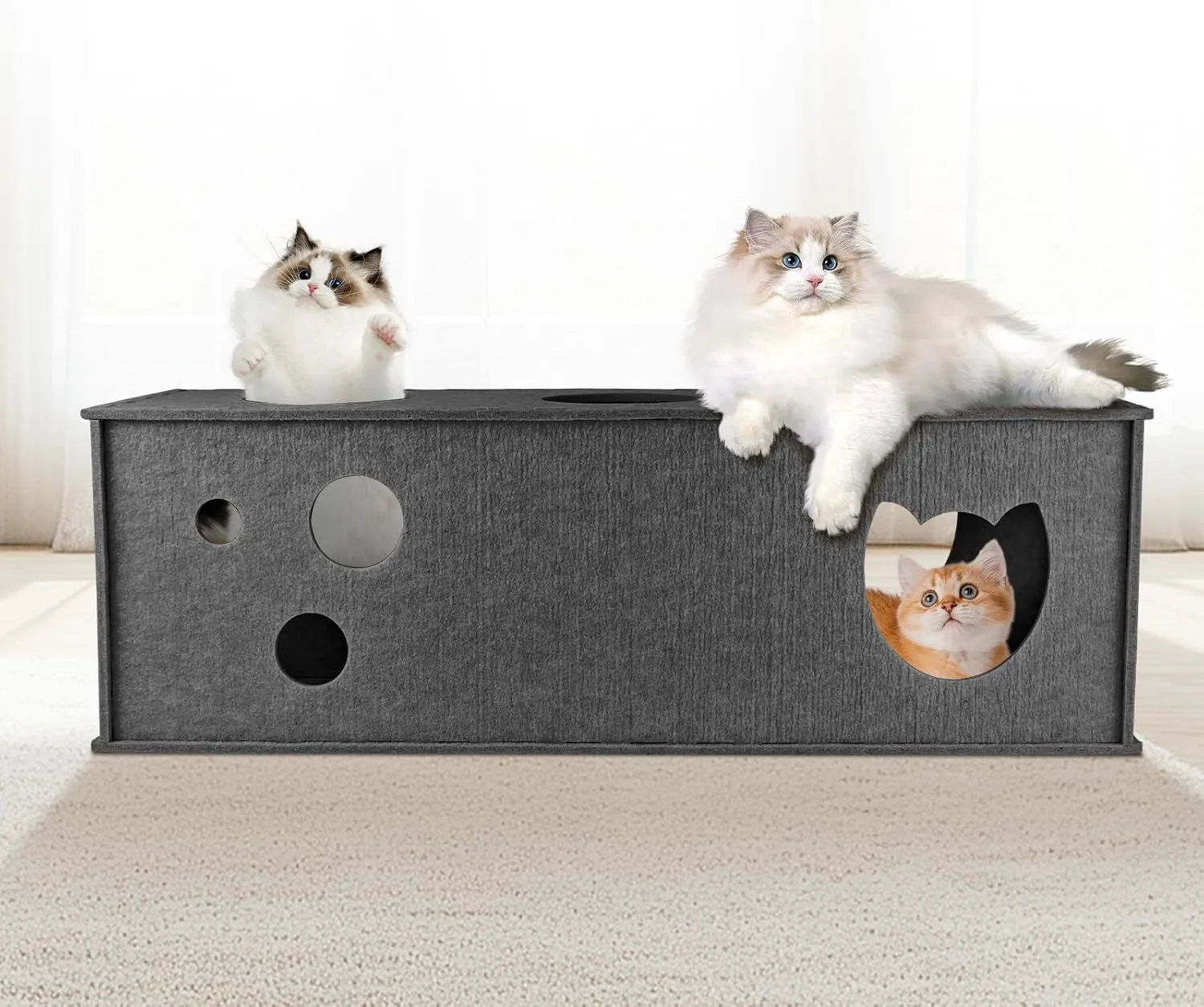 Cat Tunnel for Indoor Cats, DIY Transformable Cat Hideaway Cave, Felt Kitten Play Tubes and Tunnels, Felt Peekaboo Cat Toy with Interactive Peek Holes (Grey, Straight Tunnel)