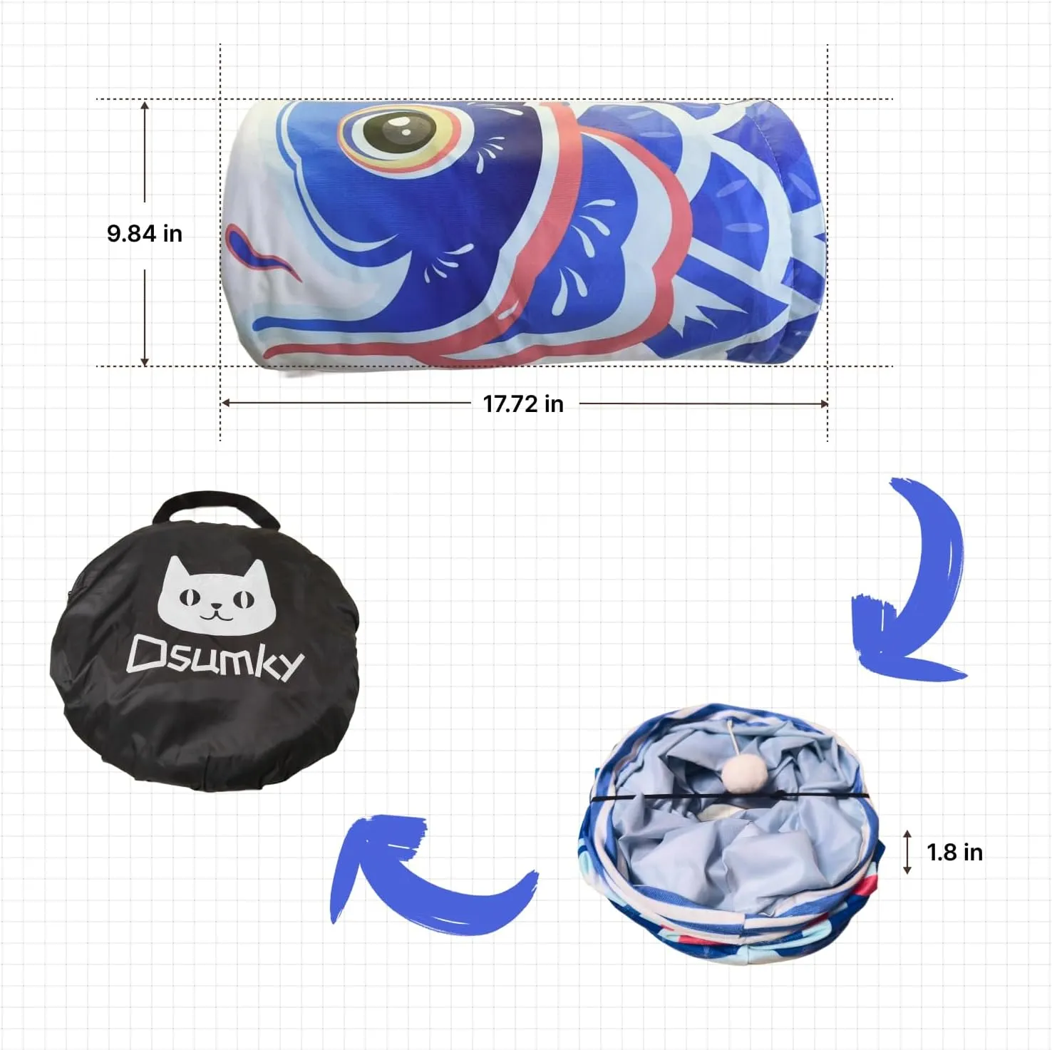 Cat Tunnel with Fish Design, Plush Toy Ball, Easy to Clean, Collapsible, Hide & Seek Play, Self-Entertainment Toy (Ocean Blue, S (17.72 x 9.84 inch))