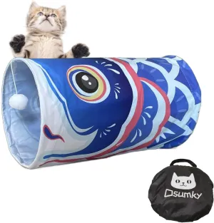 Cat Tunnel with Fish Design, Plush Toy Ball, Easy to Clean, Collapsible, Hide & Seek Play, Self-Entertainment Toy (Ocean Blue, S (17.72 x 9.84 inch))