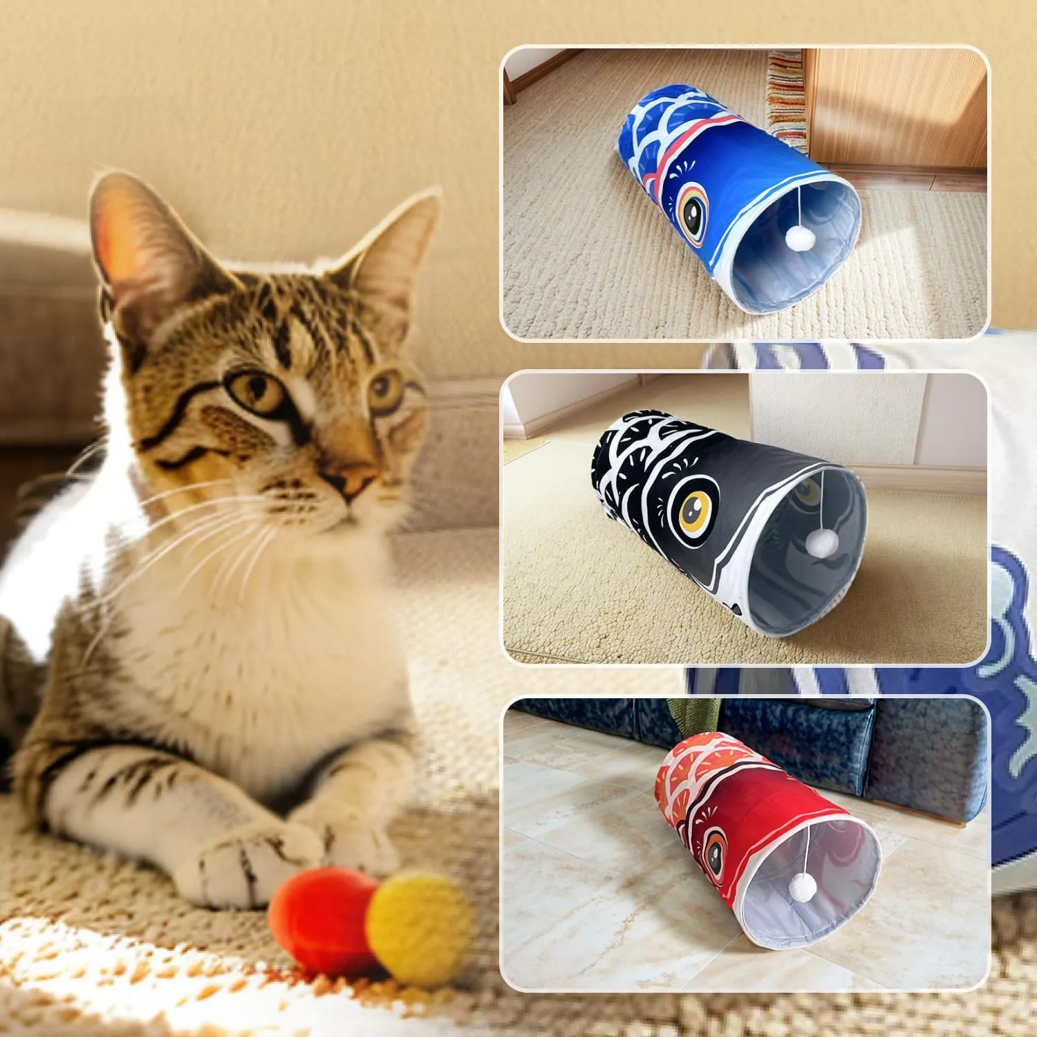 Cat Tunnel with Fish Design, Plush Toy Ball, Easy to Clean, Collapsible, Hide & Seek Play, Self-Entertainment Toy (Ocean Blue, S (17.72 x 9.84 inch))