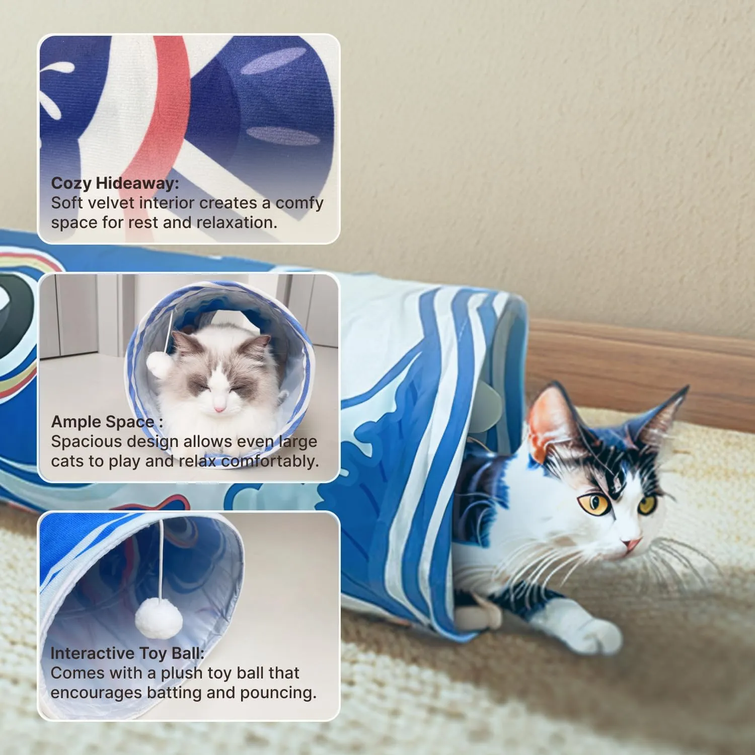 Cat Tunnel with Fish Design, Plush Toy Ball, Easy to Clean, Collapsible, Hide & Seek Play, Self-Entertainment Toy (Ocean Blue, S (17.72 x 9.84 inch))