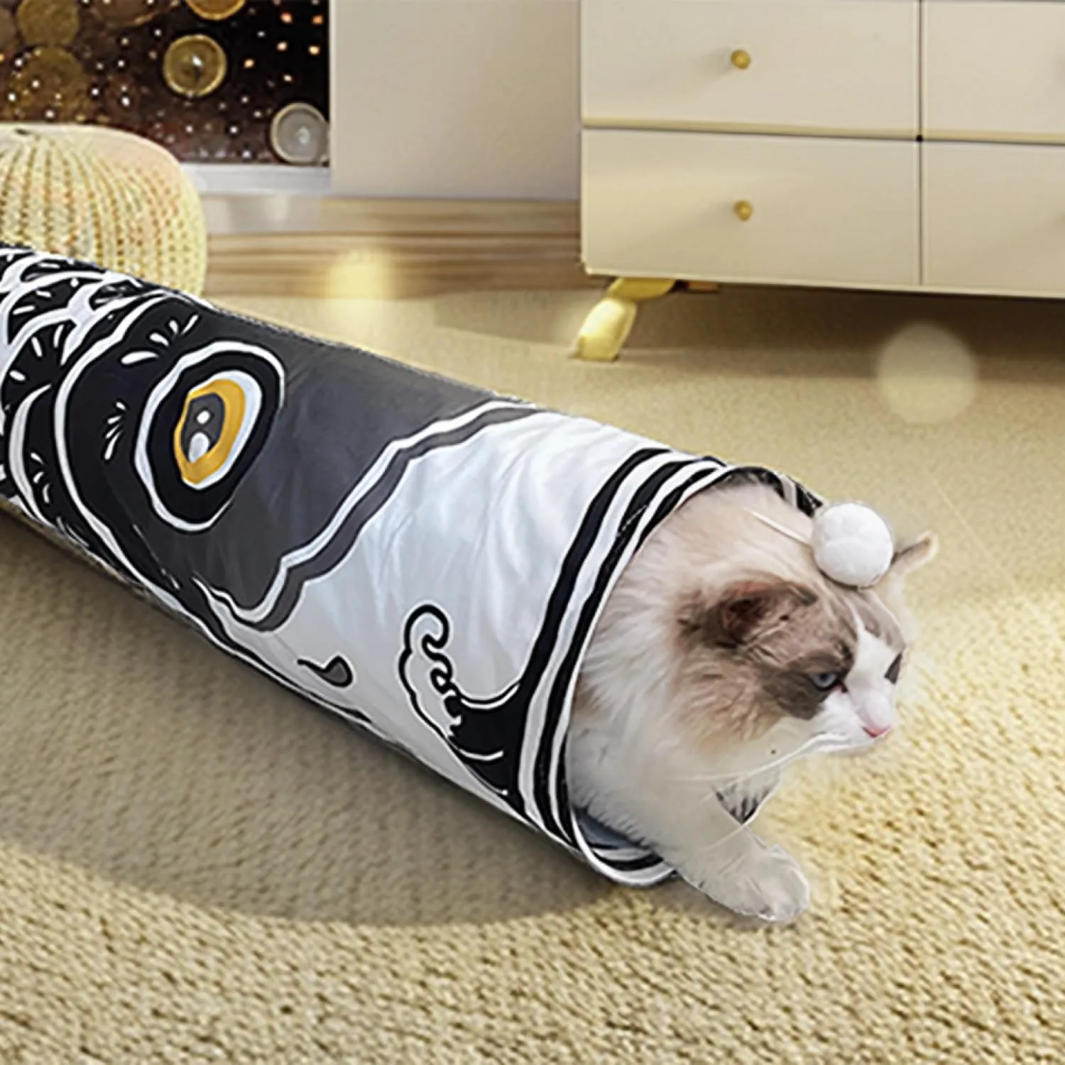 Cat Tunnel with Fish Design, Plush Toy Ball, Easy to Clean, Collapsible, Hide & Seek Play, Self-Entertainment Toy (Radiant Red, S (17.72 x 9.84 inch))