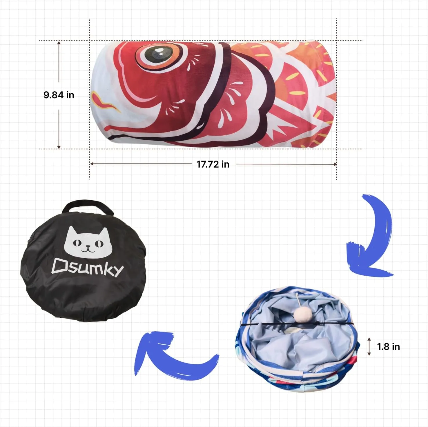 Cat Tunnel with Fish Design, Plush Toy Ball, Easy to Clean, Collapsible, Hide & Seek Play, Self-Entertainment Toy (Radiant Red, S (17.72 x 9.84 inch))